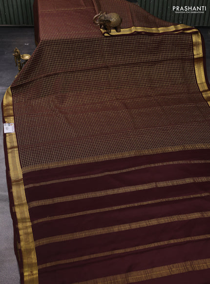 Coffee Brown Pure Mysore Silk - Checks