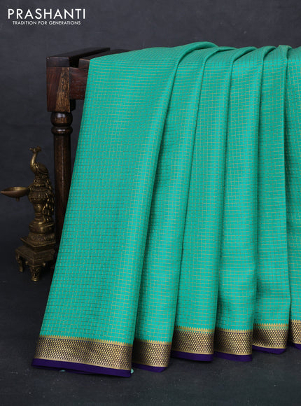 Teal Green & Violet Pure Mysore Silk - Checks