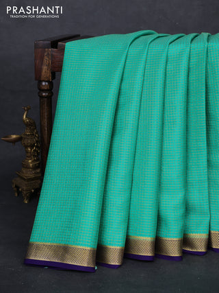 Teal Green & Violet Pure Mysore Silk - Checks