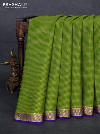Lime Green & Violet Pure Mysore Silk - Checks