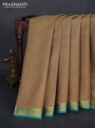 Beige & Teal Blue Pure Mysore Silk - Checks