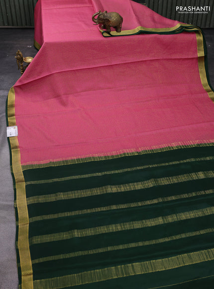 Peach Pink & Bottle Green Pure Mysore Silk - Checks