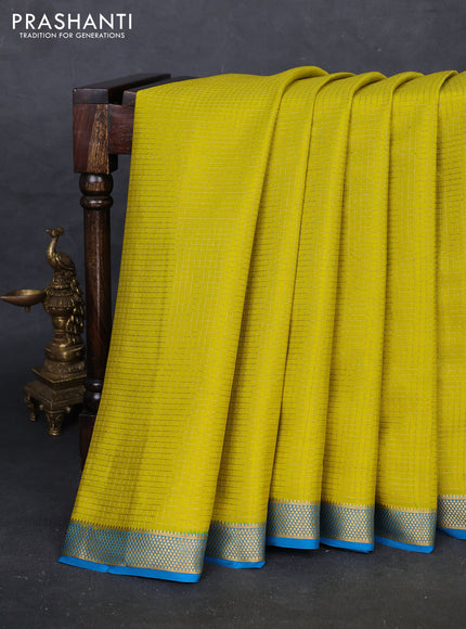 Lime Yellow & Peacock Blue Pure Mysore Silk - Checks