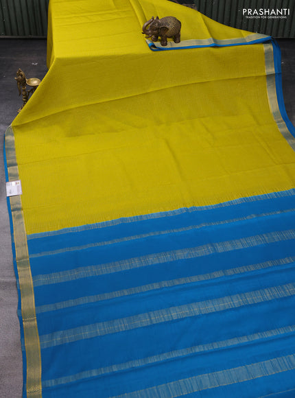 Lime Yellow & Peacock Blue Pure Mysore Silk - Checks