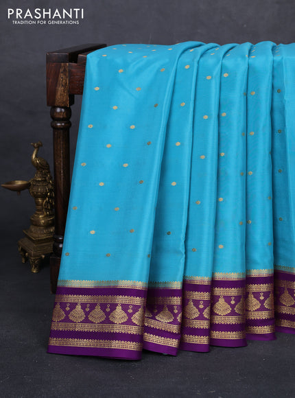 Aqua Blue & Purple Pure Mysore Silk - Buttas