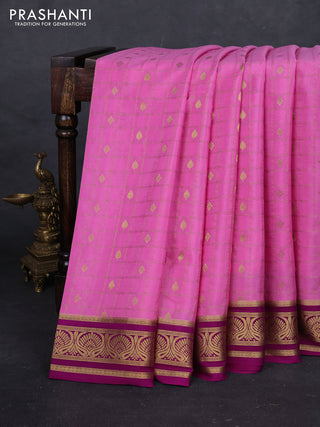 Pink & Purple Pure Mysore Silk - Checks