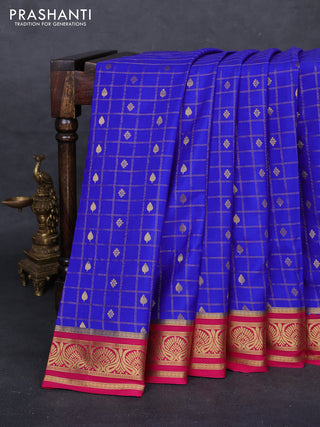 Royal Blue & Pink Pure Mysore Silk - Checks