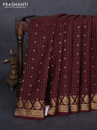 Coffee Brown Pure Mysore Silk - Checks