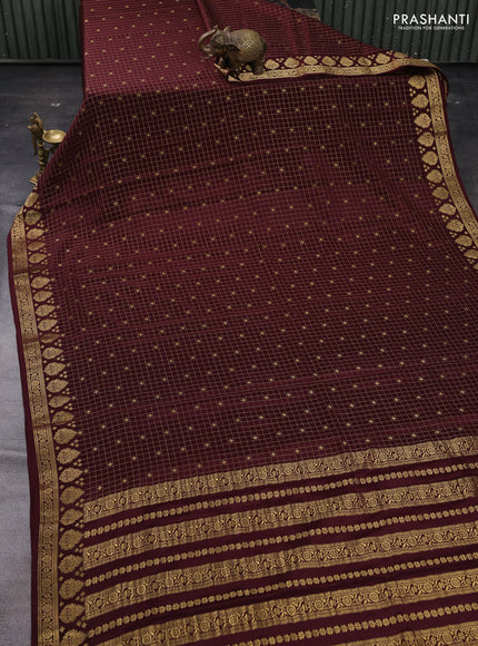 Coffee Brown Pure Mysore Silk - Checks