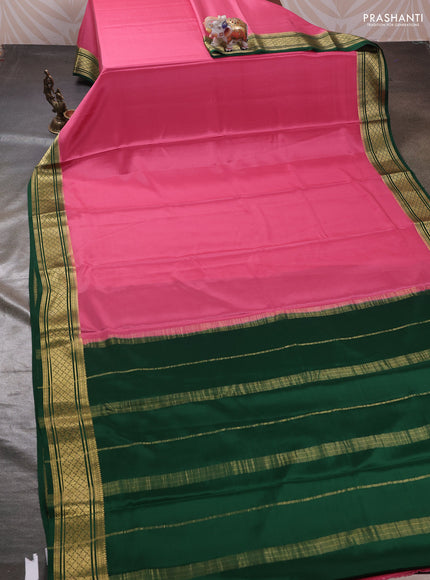 Peach Pink & Green Pure Mysore Silk Saree