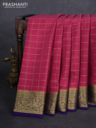 Peach Pink & Blue Pure Mysore Silk - Checks