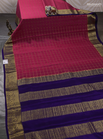 Peach Pink & Blue Pure Mysore Silk - Checks