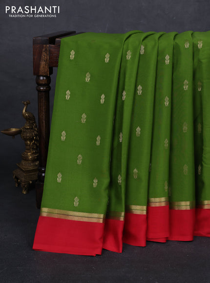 Lime Green & Red Pure Mysore Silk - Buttas