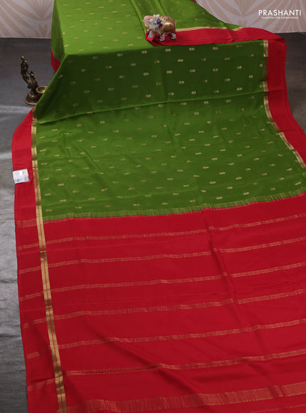 Lime Green & Red Pure Mysore Silk - Buttas