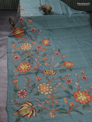 Teal Semi Tussar Saree - Applique Work