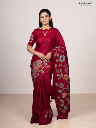 Red Semi Tussar Saree - Applique Work