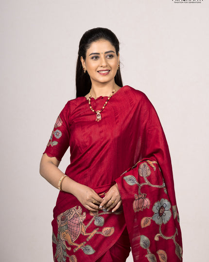 Red Semi Tussar Saree - Applique Work