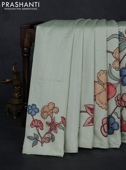 Pista Green Semi Tussar Saree - Applique Work