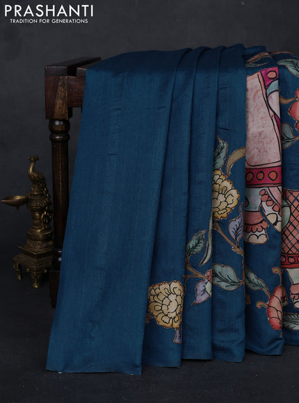 Peacock Blue Semi Tussar Saree - Applique Work