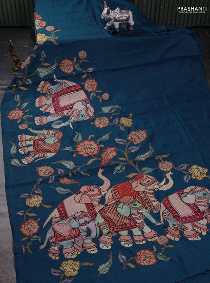 Peacock Blue Semi Tussar Saree - Applique Work