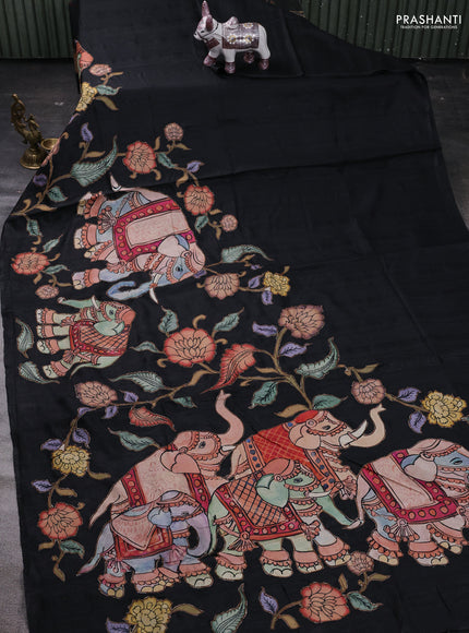 Black Semi Tussar Saree - Applique Work