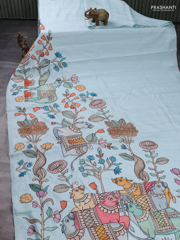 Aque Blue Semi Tussar Saree - Applique Work