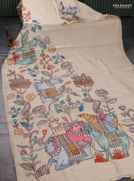 Beige Semi Tussar Saree - Applique Work
