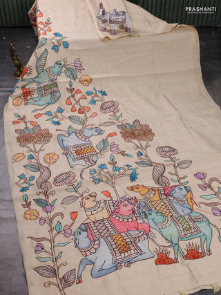 Beige Semi Tussar Saree - Applique Work