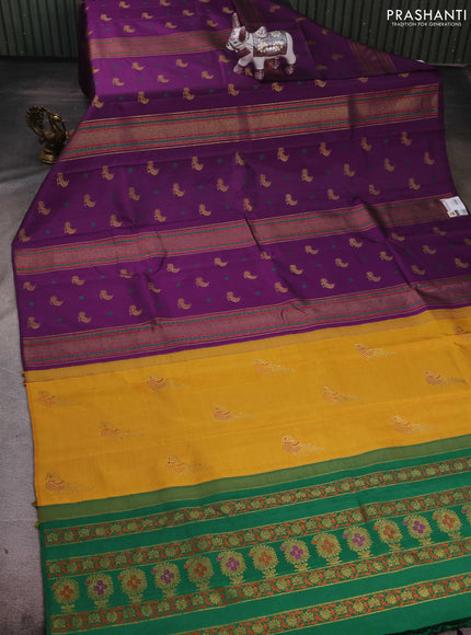 Purple & Green Yellow Pure Kanchipuram Silk - Buttas