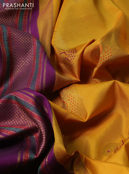 Purple & Green Yellow Pure Kanchipuram Silk - Buttas