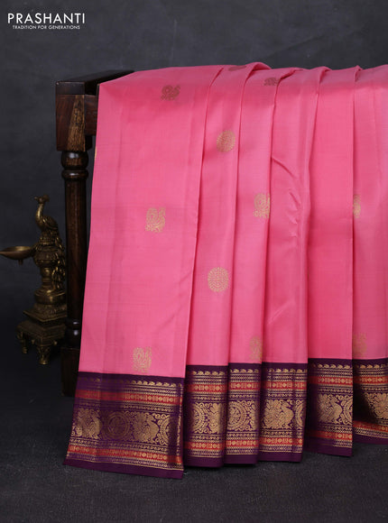 Peach Pink & Purple Pure Kanchipuram Silk - Buttas