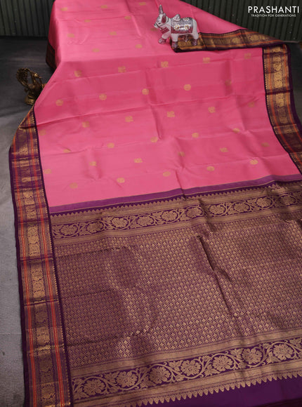 Peach Pink & Purple Pure Kanchipuram Silk - Buttas