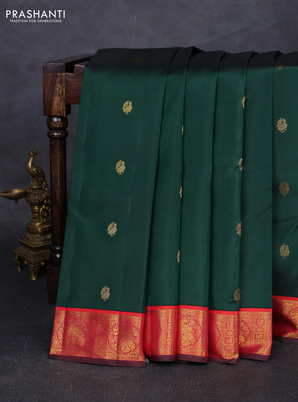 Bottle Green & Orange Pure Kanchipuram Silk - Buttas