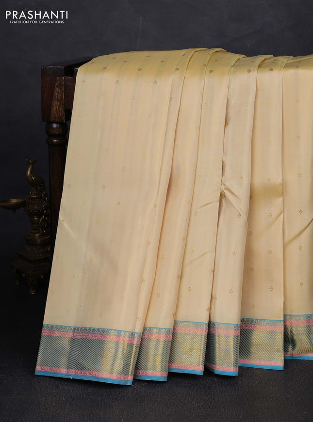Cream & Blue Pure Kanchipuram Silk - Buttas