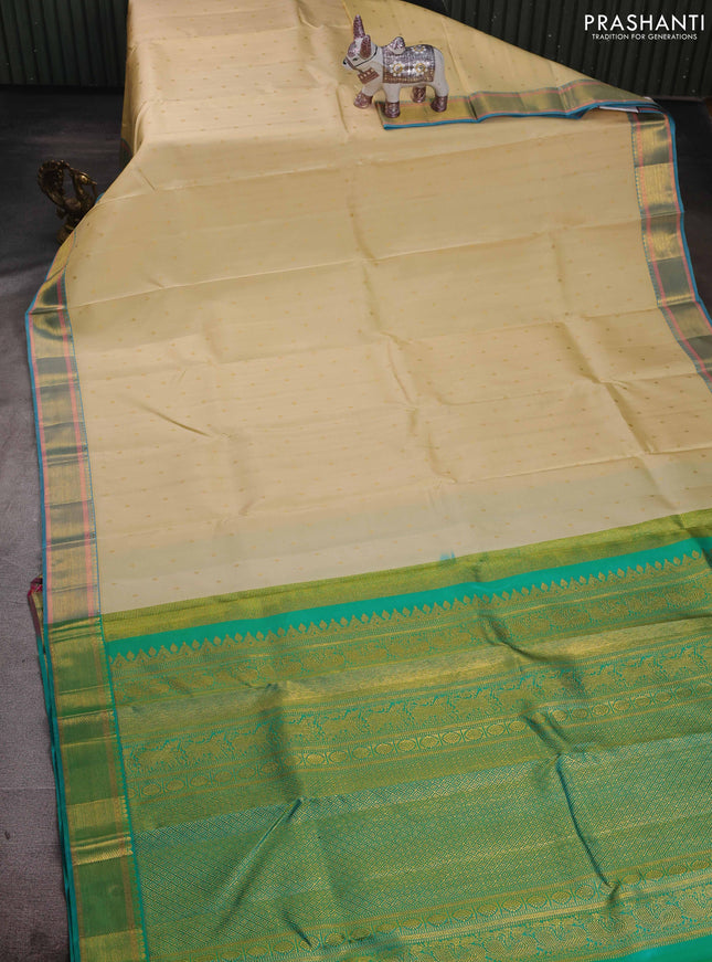 Cream & Blue Pure Kanchipuram Silk - Buttas