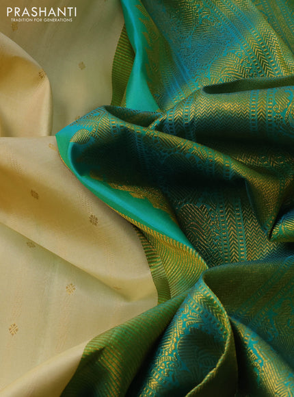 Cream & Blue Pure Kanchipuram Silk - Buttas