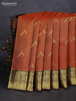 Rust & Coffee Brown Pure Kanchipuram Silk - Checks