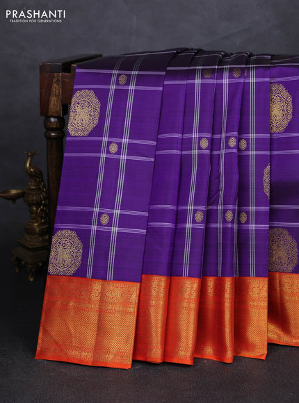 Violet & Orange Pure Kanchipuram Silk - Checks