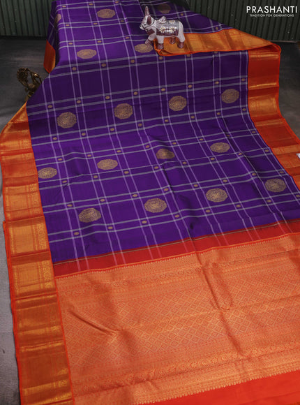 Violet & Orange Pure Kanchipuram Silk - Checks