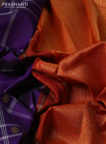 Violet & Orange Pure Kanchipuram Silk - Checks