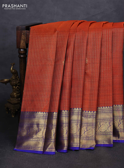 Rust & Blue Pure Kanchipuram Silk - Checks