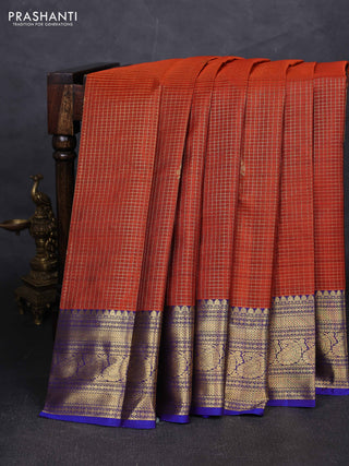 Rust & Blue Pure Kanchipuram Silk - Checks