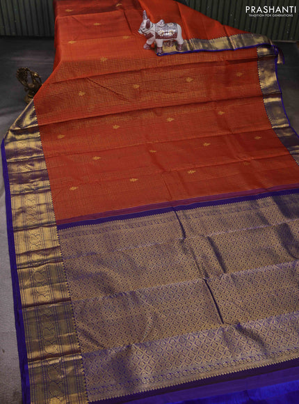 Rust & Blue Pure Kanchipuram Silk - Checks