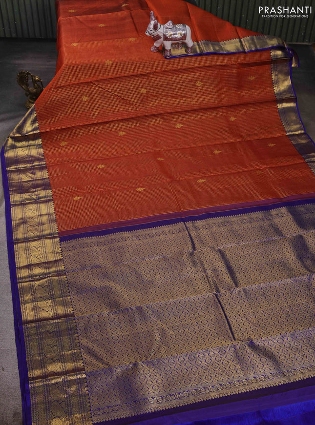 Rust & Blue Pure Kanchipuram Silk - Checks