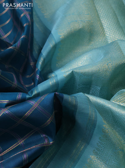 Peacock Green & Aqua Blue Pure Kanchipuram Silk - Buttas