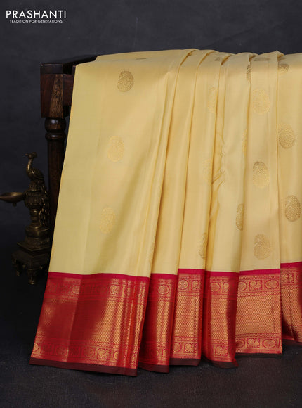 Pale Yellow & Pink Pure Kanchipuram Silk - Buttas