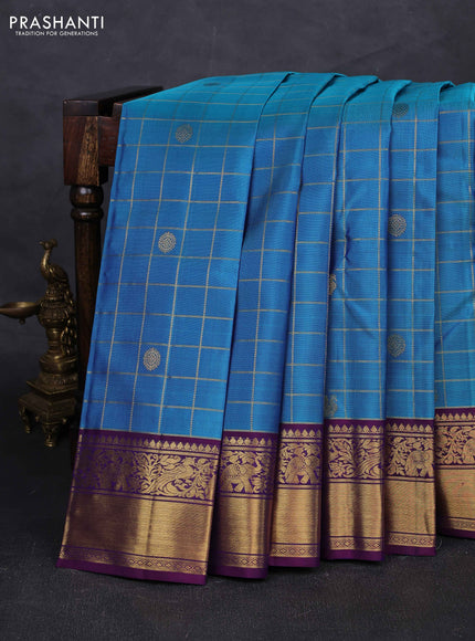 Blue & Purple Pure Kanchipuram Silk - Checks