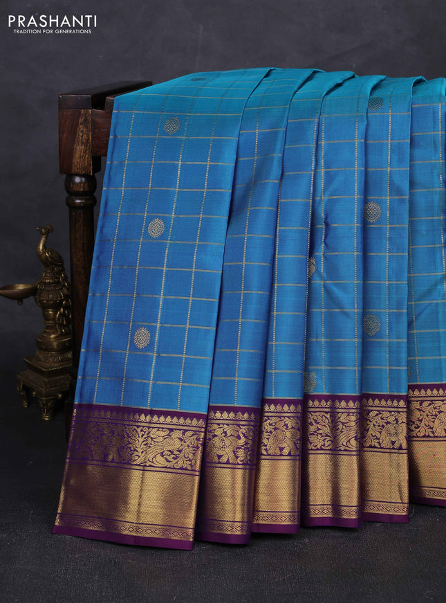 Blue & Purple Pure Kanchipuram Silk - Checks