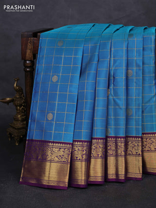 Blue & Purple Pure Kanchipuram Silk - Checks