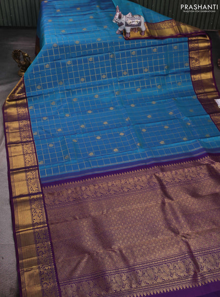 Blue & Purple Pure Kanchipuram Silk - Checks